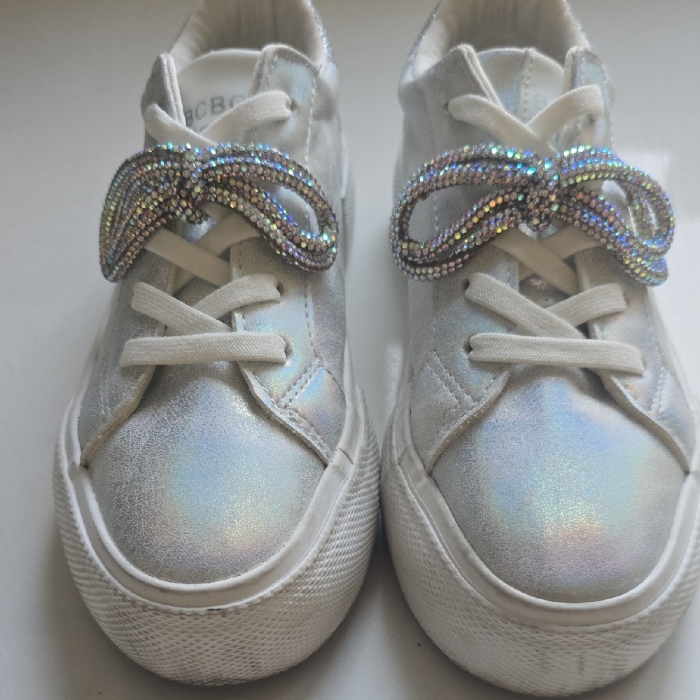 BCBG Kids' Iridescent White Sneakers with Sparkle Bow